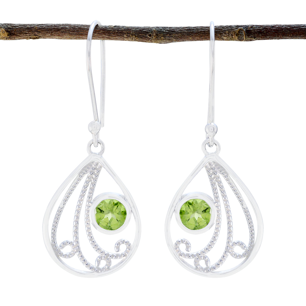 Emma Green Dainty Earrings in Silver with Gemstone Charm Peridot Green Dangle