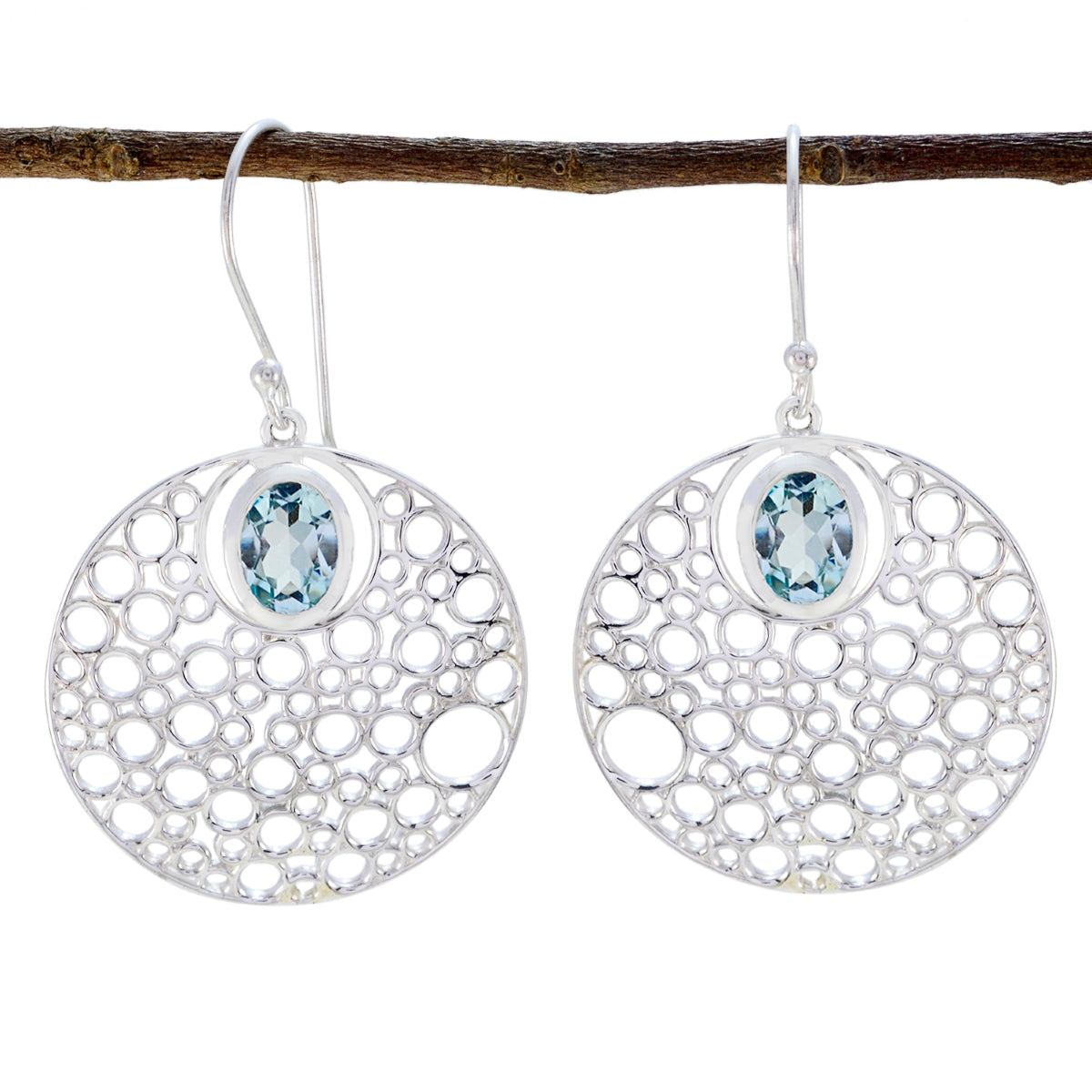 Florencia Dangle Earrings with Unique Silver Design Blue Topaz Blue Dangle