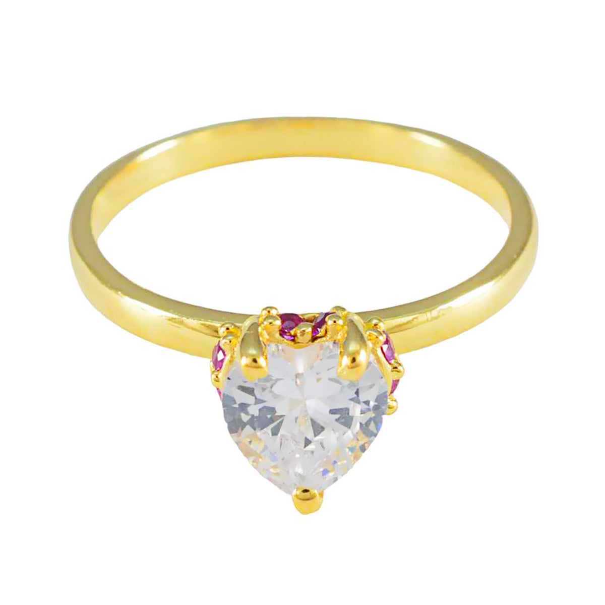 Mariana gold ring featuring heart-shaped clear stone with red halo ring for women accents