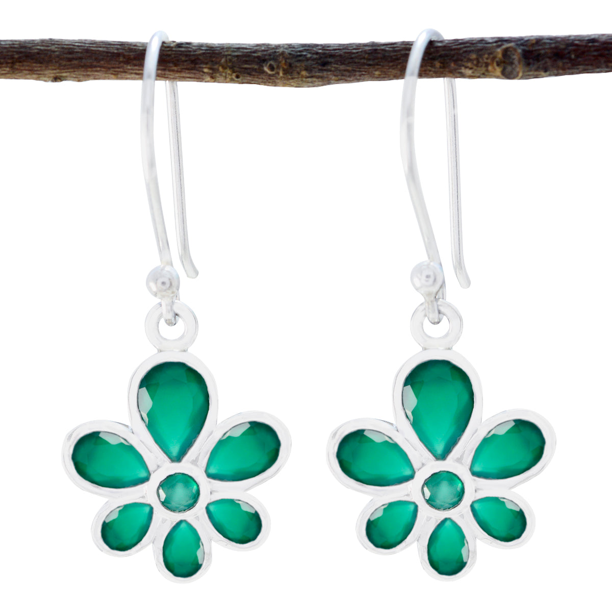 Ling Green Dangle Earrings with Floral Design Green Onyx Green Dangle