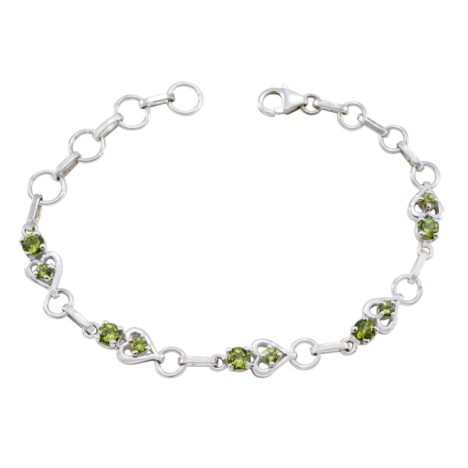 Ivy Green Gemstone Bracelet with Silver Hearts Peridot Green
