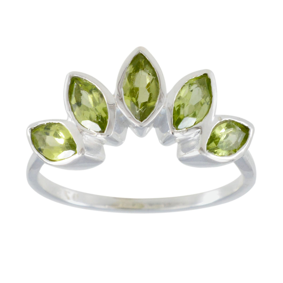 Jia green gemstone crown ring with five marquise-cut green stones set in silver band