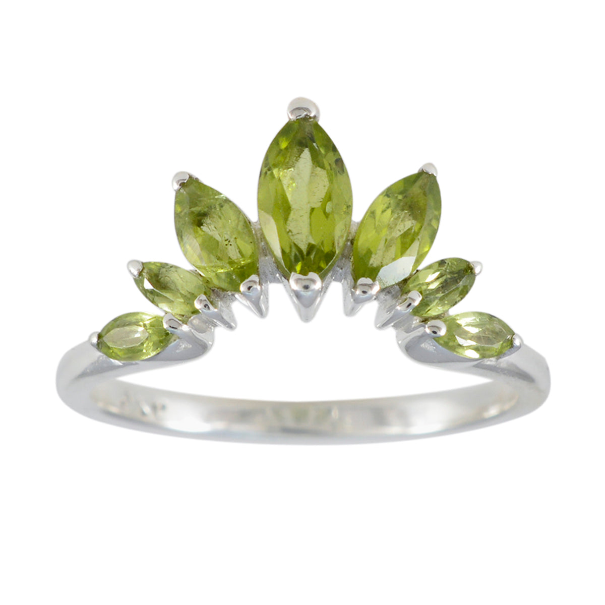 Kristine green gemstone crown ring with marquise-cut stones set in silver band