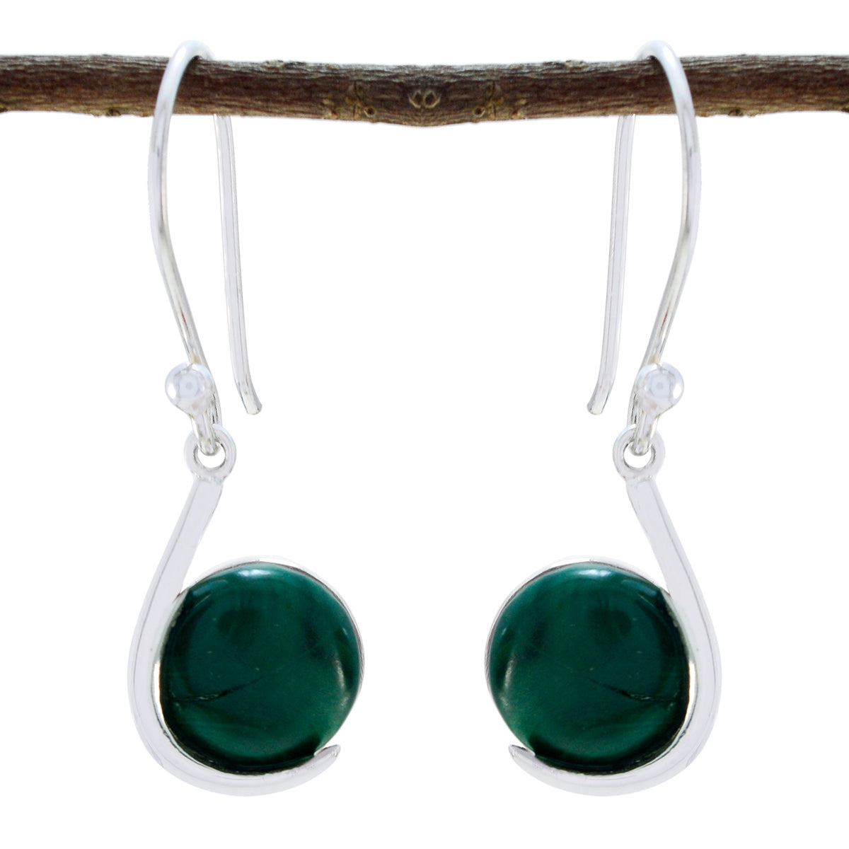 Natalie green solitaire dangle earrings featured on a rustic branch for stylish elegance
