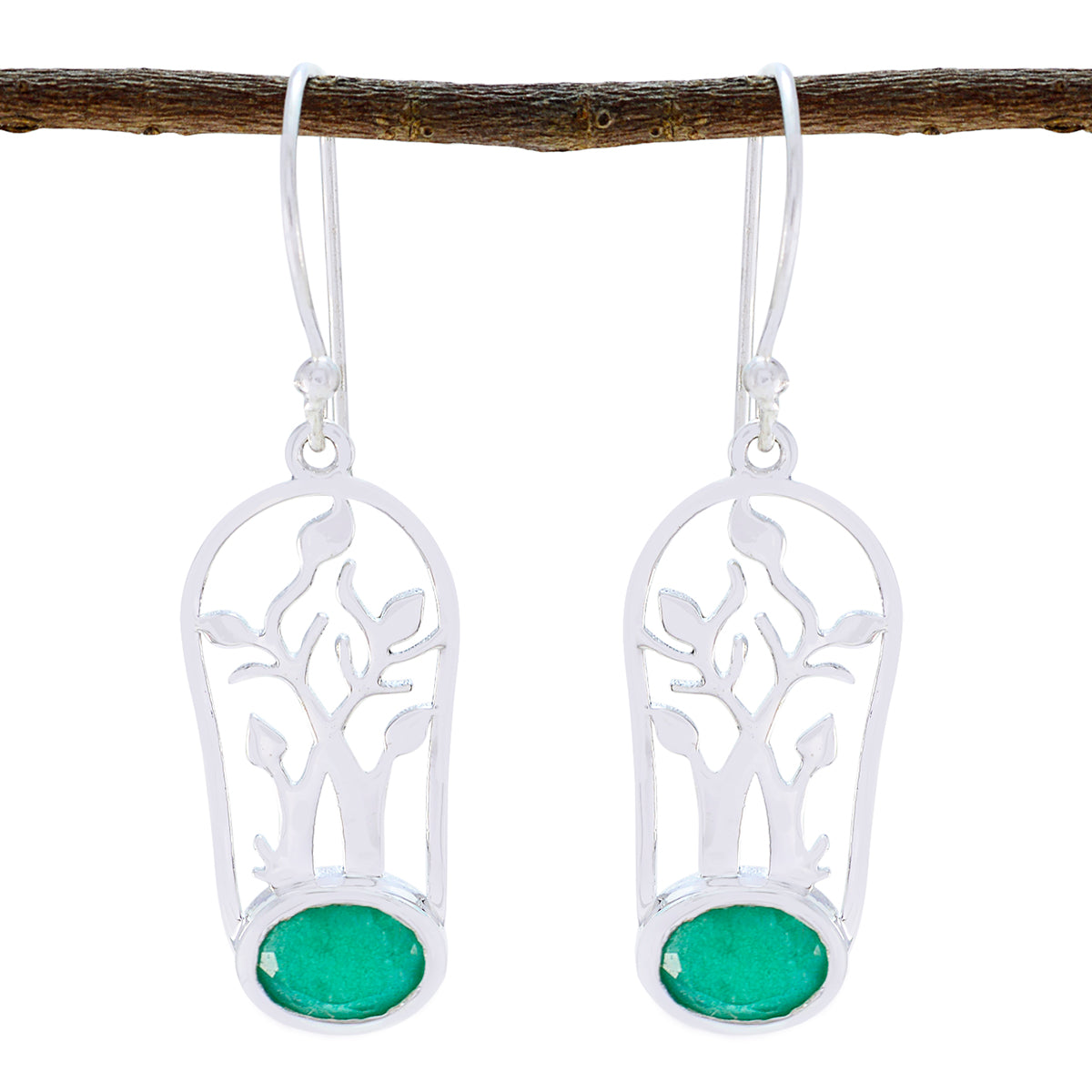 Savannah Green Solitaire Earrings with Silver Design Indian Emerald Green Dangle
