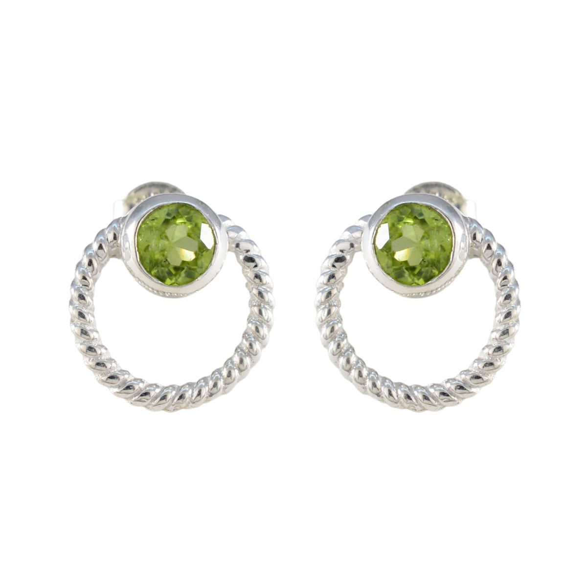 Lourdes Green Solitaire Stud Earrings in Silver Twist Peridot Green Stud