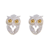 Greta Yellow Stud Earrings - Cute Owl Design Citrine Yellow Stud
