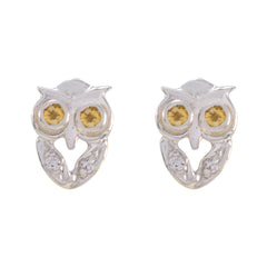 Greta Yellow Stud Earrings - Cute Owl Design Citrine Yellow Stud