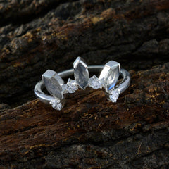 Elegant grey crown ring for women by Hye-jin with marquise stones and small clear crystals