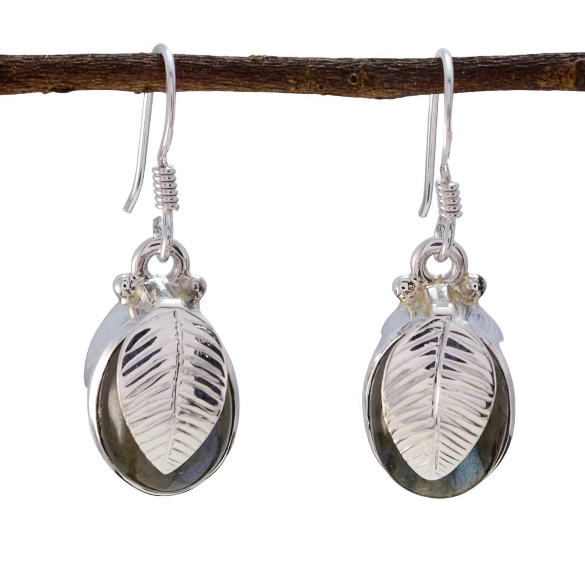 Aiko Grey Dangle Earrings with Leaf Design Labradorite Gray Dangle