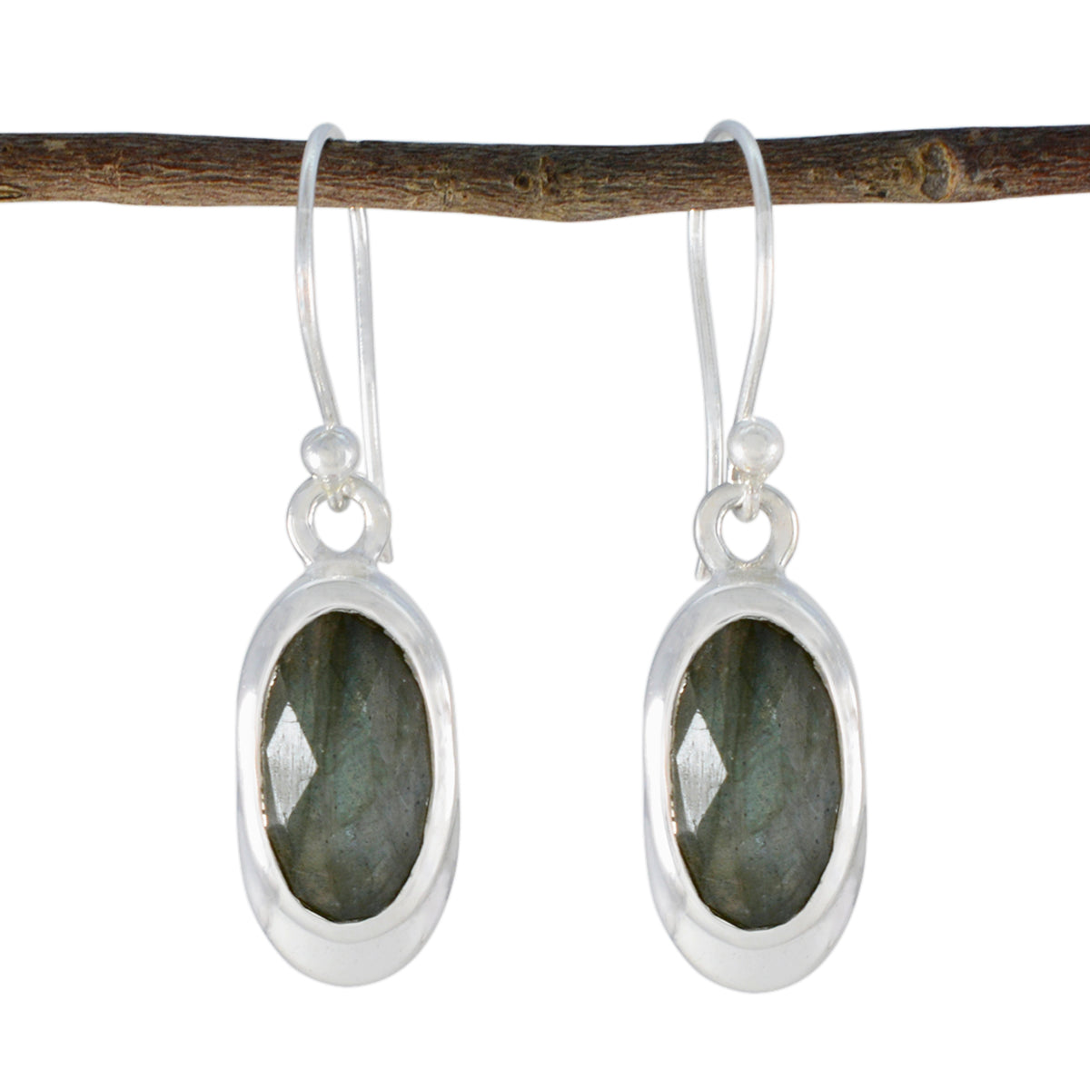 Eleanor Grey Solitaire Dangle Earrings in Silver Labradorite Gray Dangle