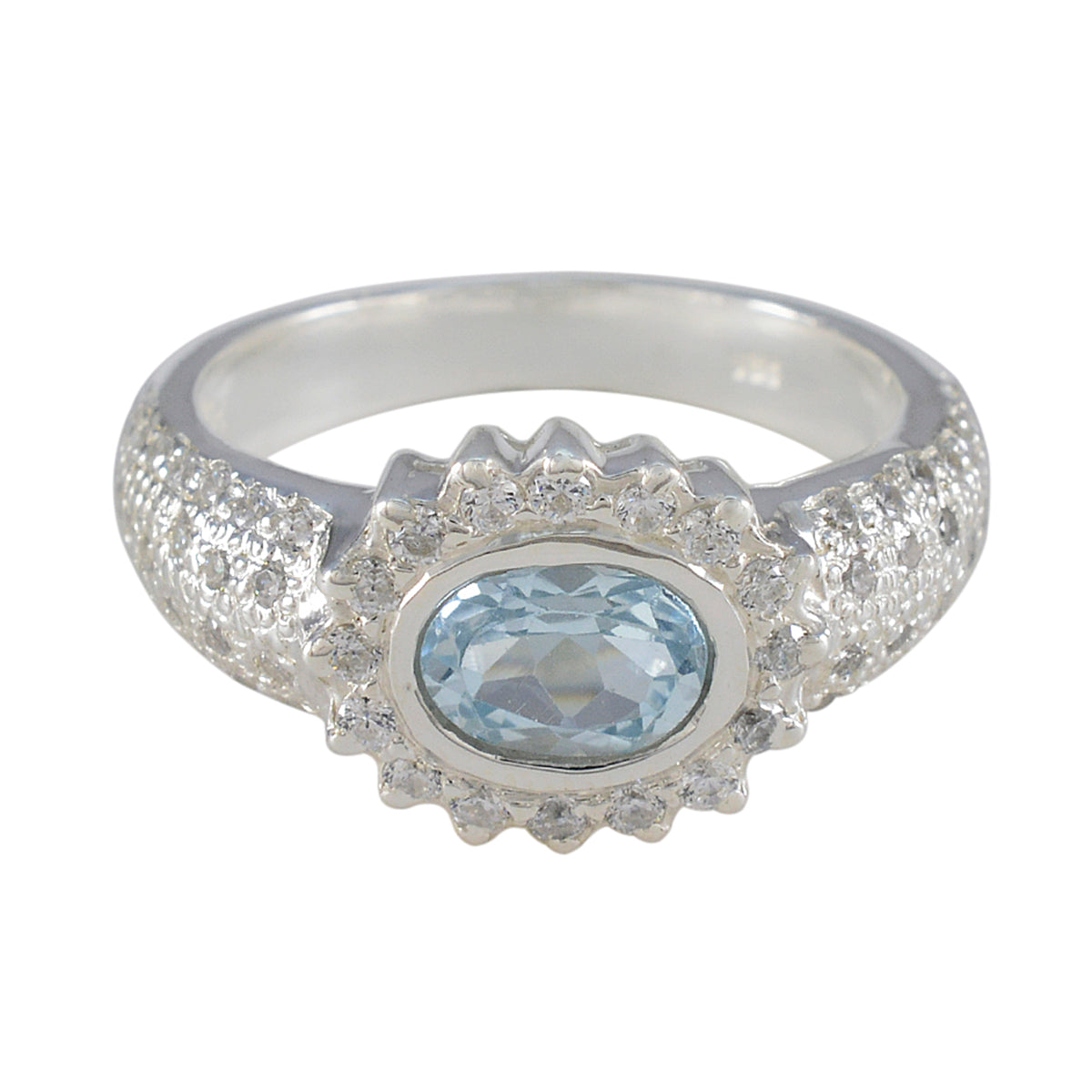 Putri artisan blue halo ring with oval aquamarine center and pave diamond halo on sterling silver band