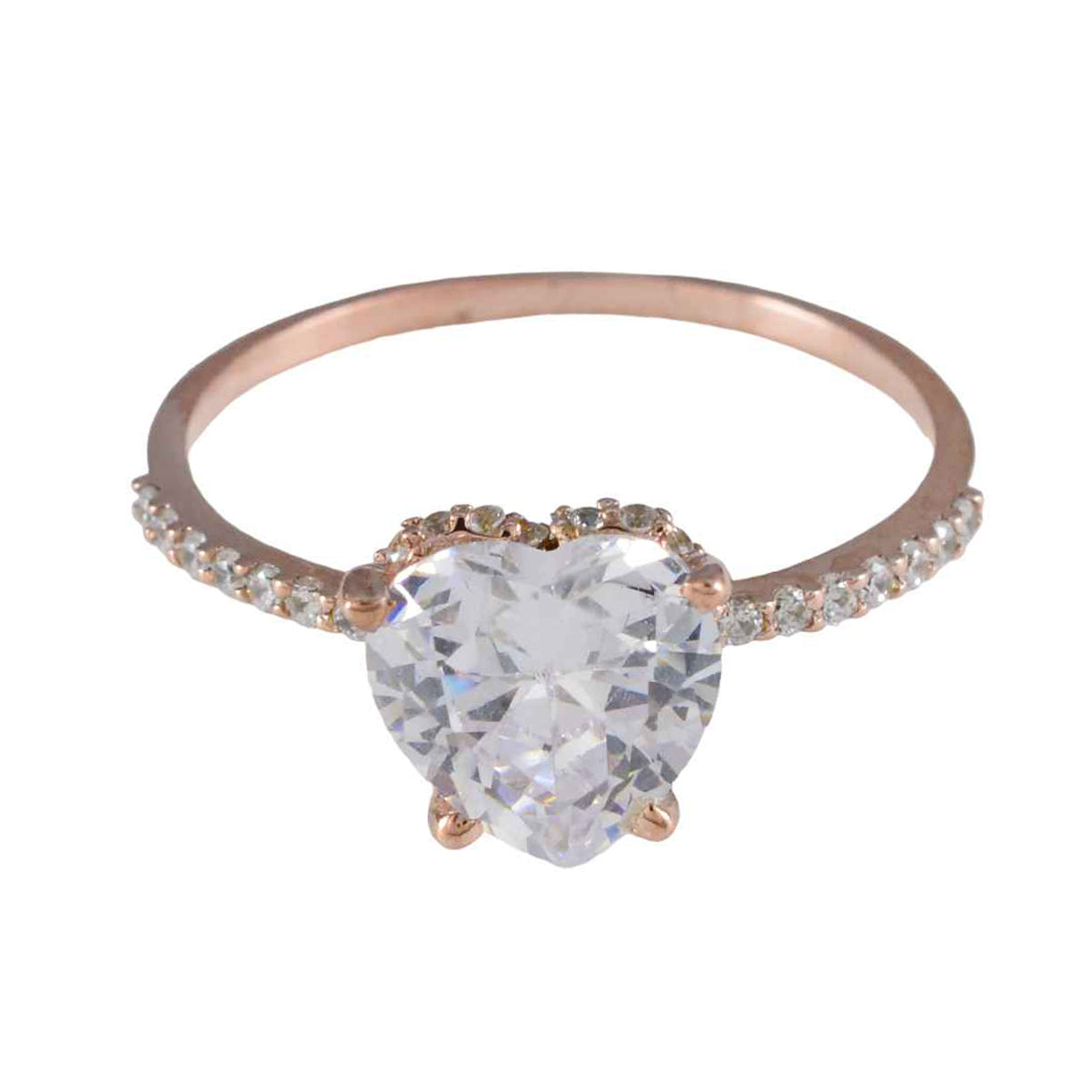 Natcha heart halo ring with a large heart-shaped clear gemstone and small stones on rose gold band