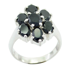 Lara black gemstone floral ring sterling silver band with seven oval black stones in floral cluster