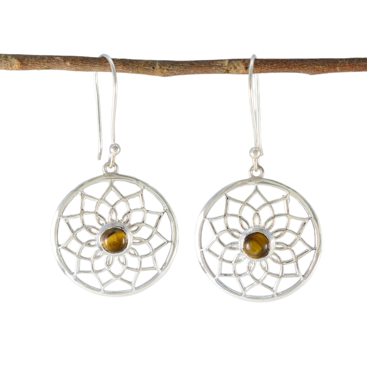 Kristine Brown Earrings with Silver Floral Design Tiger Eye Brown Dangle