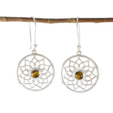 Kristine Brown Earrings with Silver Floral Design Tiger Eye Brown Dangle