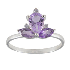 Lakshmi crown ring purple with three pear-shaped amethyst stones and silver band
