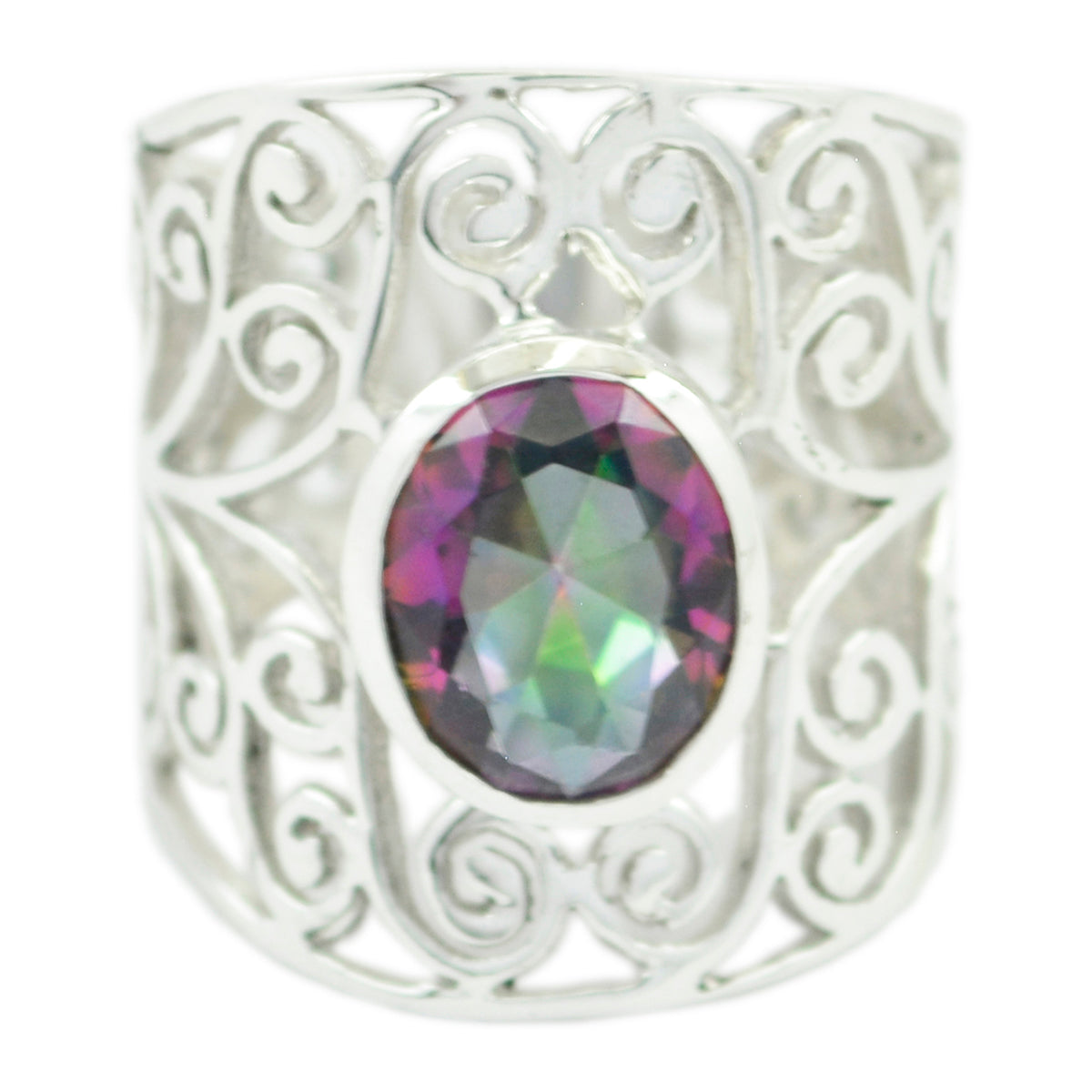 Lakshmi Filigree Solitaire Ring - Elegant Silver Design Mystic Quartz Multicolor