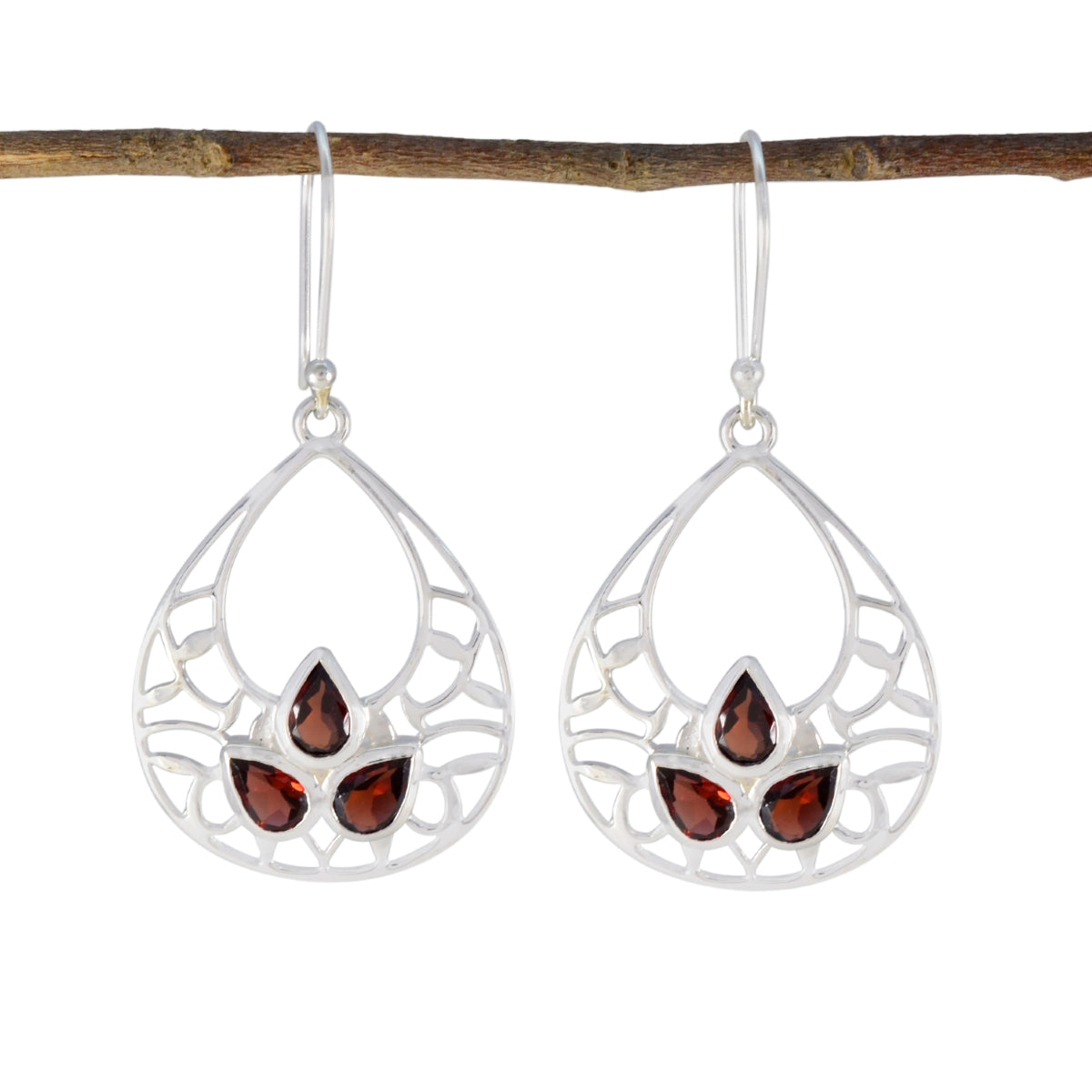 Layla Red Gemstone Earrings in Elegant Silver Design Garnet Red Dangle