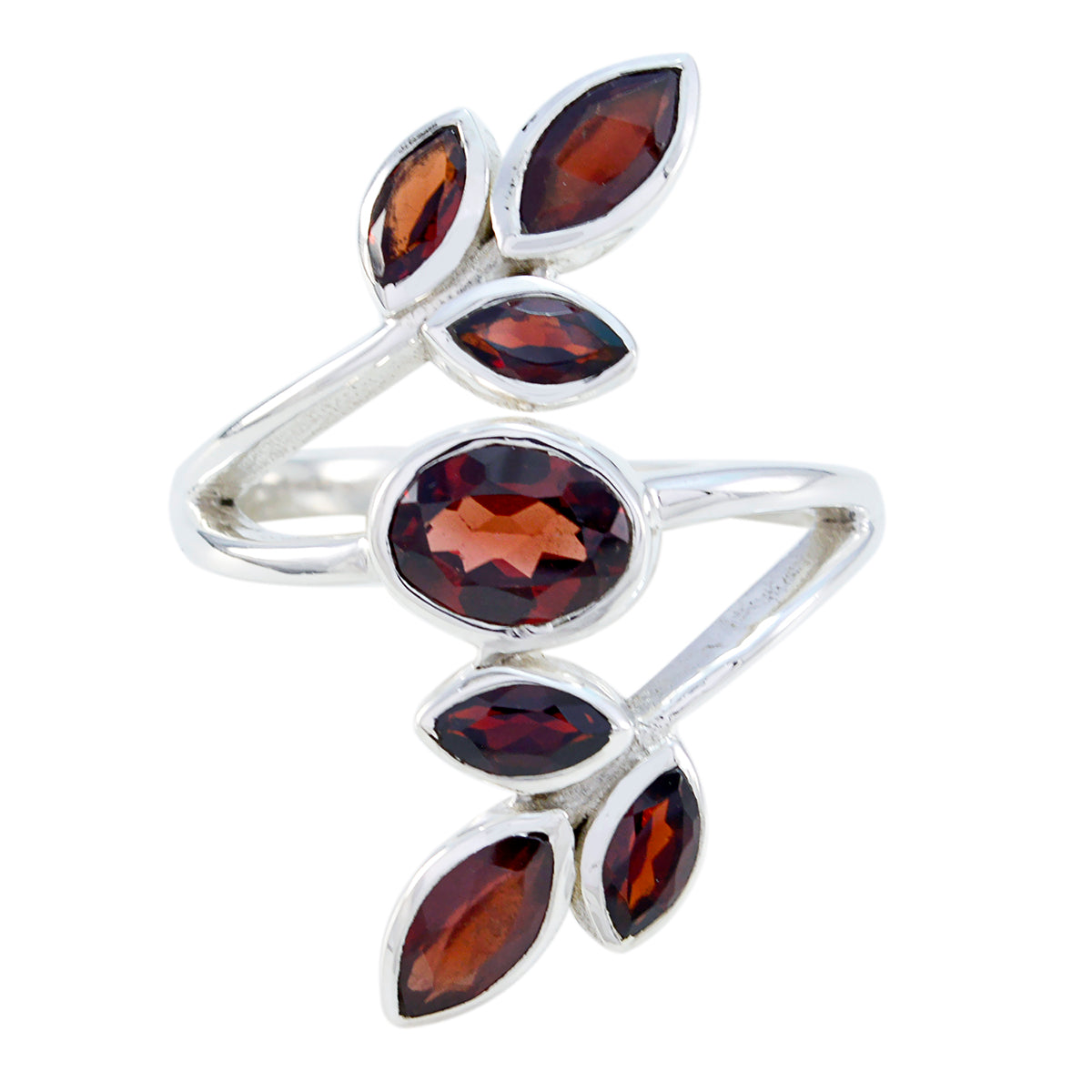 Leafy red gemstone ring by Teresa with multiple marquise and oval red stones on silver band