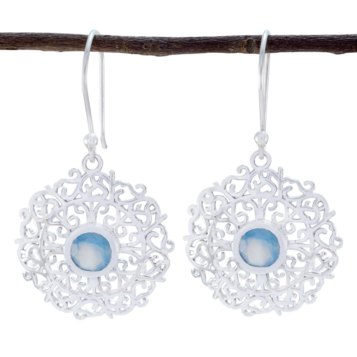 Lucia Blue Solitaire Earrings - Elegant Silver Design Chalcedony Blue Dangle