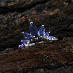 Jiwoo blue gemstone crown ring with silver band and marquise cut violet blue stones