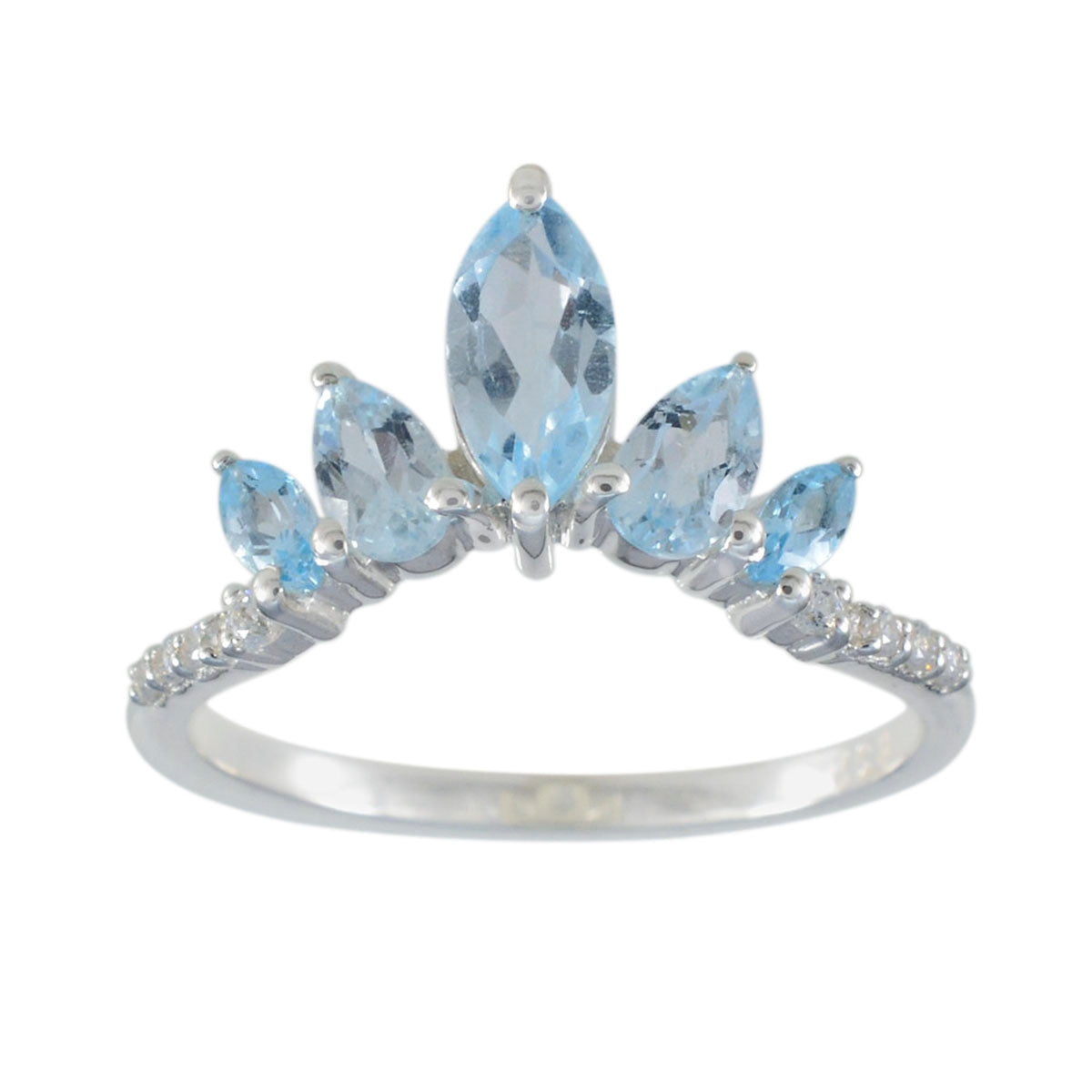 Angel blue gemstone crown ring with marquise aquamarine stones and pave diamonds on sterling silver band
