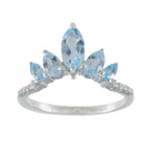Angel blue gemstone crown ring with marquise aquamarine stones and pave diamonds on sterling silver band
