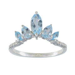 Angel blue gemstone crown ring with marquise aquamarine stones and pave diamonds on sterling silver band