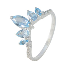 Angel blue gemstone crown ring with marquise and pear light blue stones on sterling silver band