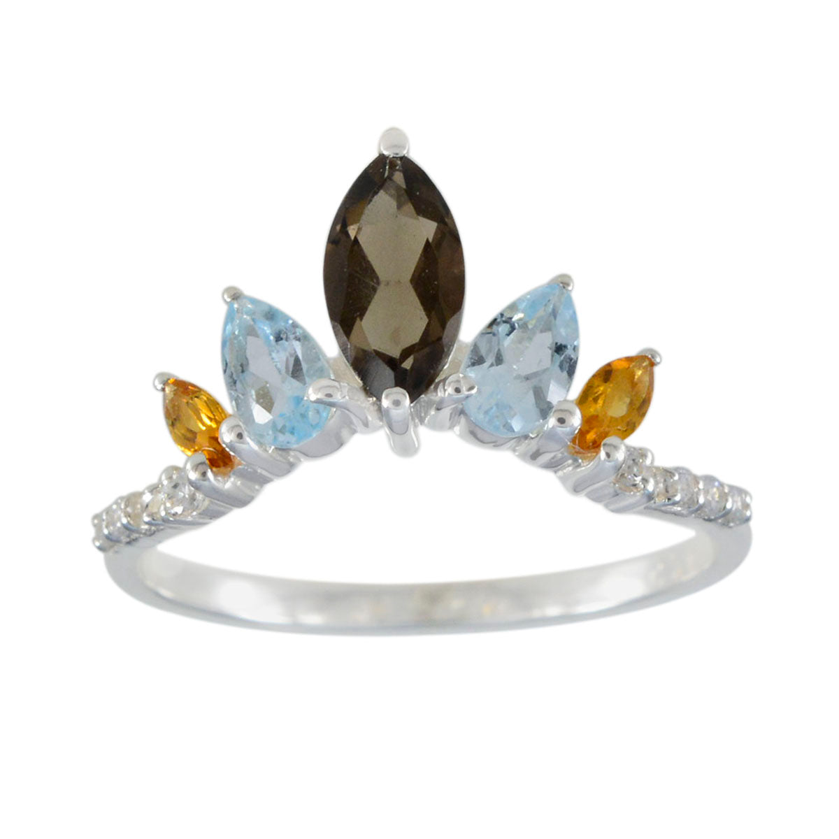 Soojin multicolor crown gemstone ring silver band marquise smoky quartz with blue topaz and citrine accents