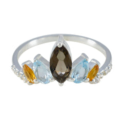 Soojin multicolor crown gemstone ring with marquise smoky quartz center and aquamarine citrine accents on silver band