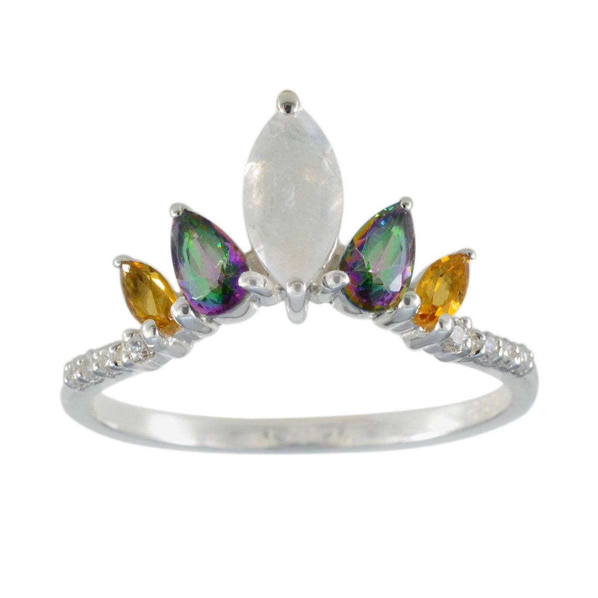 Ayesha multicolor gemstone crown ring with marquise moonstone center green and yellow pear stones on silver band