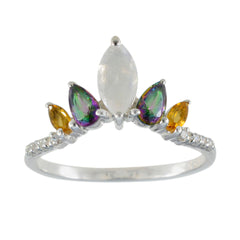 Ayesha multicolor gemstone crown ring with marquise moonstone center green and yellow pear stones on silver band