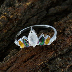 Ayesha silver ring with marquise moonstone center flanked by rainbow and yellow stones multicolor gemstone crown ring