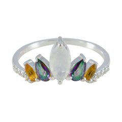 Ayesha sterling silver multicolor gemstone crown ring with marquise moonstone center and pear accent stones