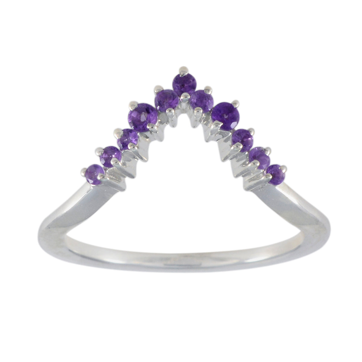 Jia purple gemstone crown ring sterling silver V shaped band with small round amethyst stones