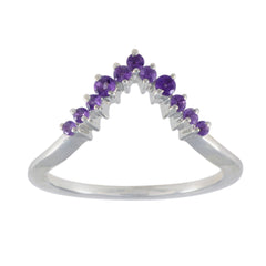 Jia purple gemstone crown ring sterling silver V shaped band with small round amethyst stones