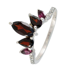 Layla red gemstone crown ring with marquise and pear red stones on sterling silver band with small clear accents