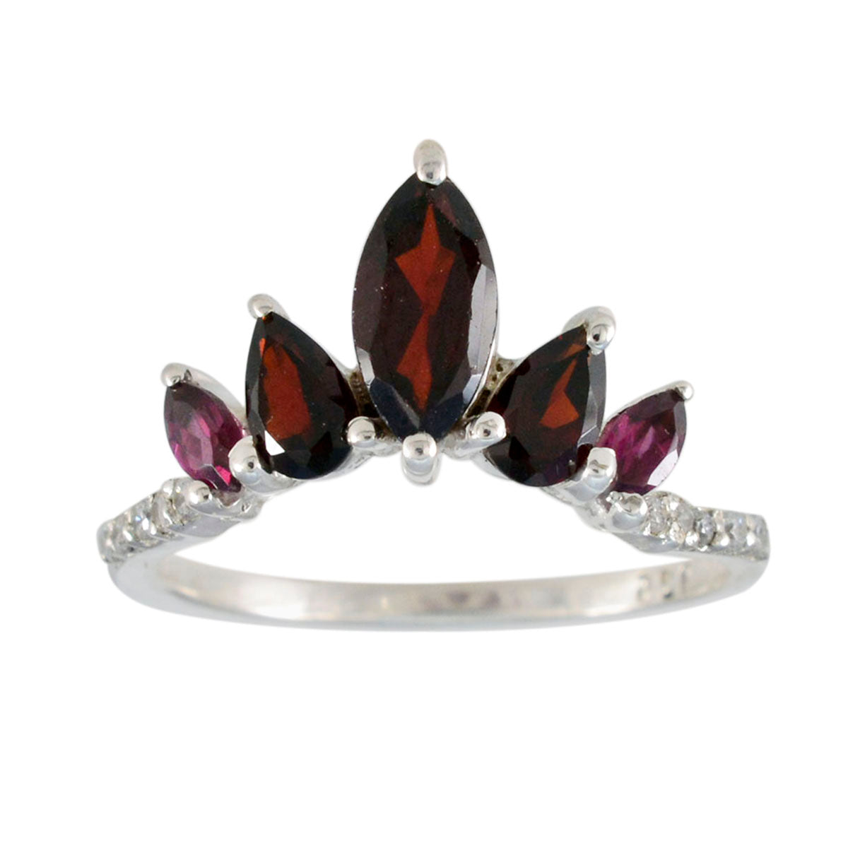 Layla red gemstone crown ring featuring marquise garnet center, smaller garnet side stones and pave CZ band