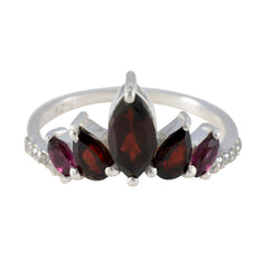 Layla red gemstone crown ring silver band with marquise center stone flanked by marquise side gems and pave accents