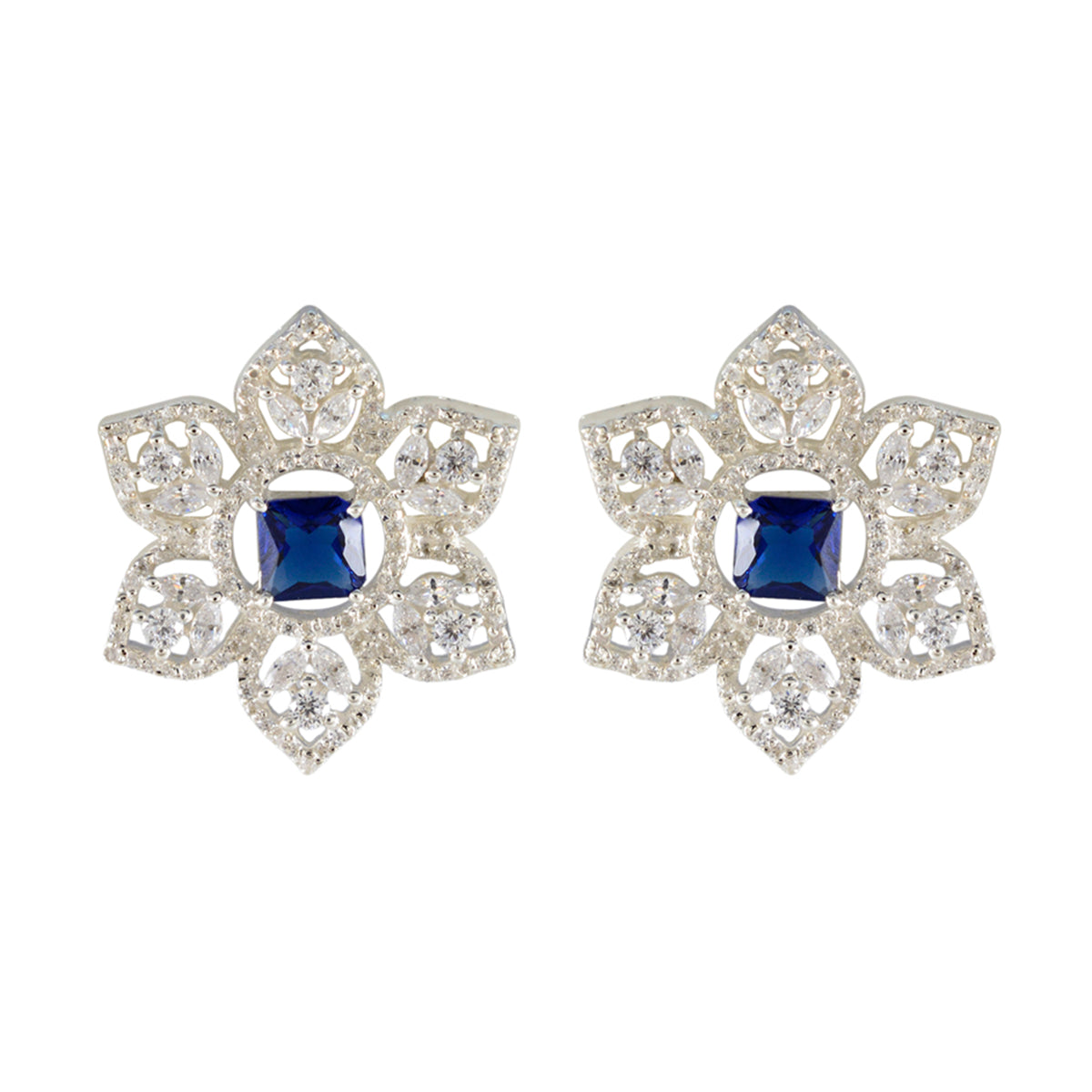 Mei Blue Stud Earrings - Elegant Floral Design Blue Sapphire CZ Blue Stud