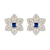Mei Blue Stud Earrings - Elegant Floral Design Blue Sapphire CZ Blue Stud