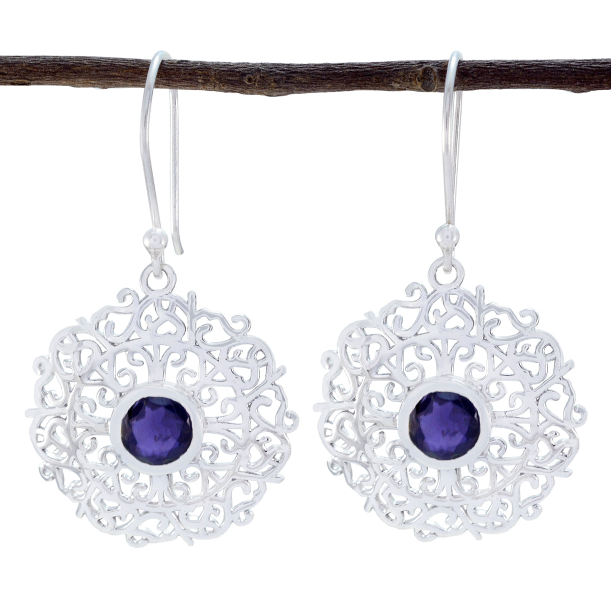 Mia Blue Solitaire Earrings - Stylish Silver Drop Design Iolite Blue Dangle