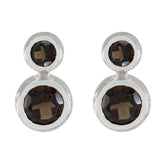 Emily Minimalist Stud Earrings with Gemstone Accent Smoky Quartz Brown Stud