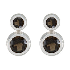 Emily Minimalist Stud Earrings with Gemstone Accent Smoky Quartz Brown Stud