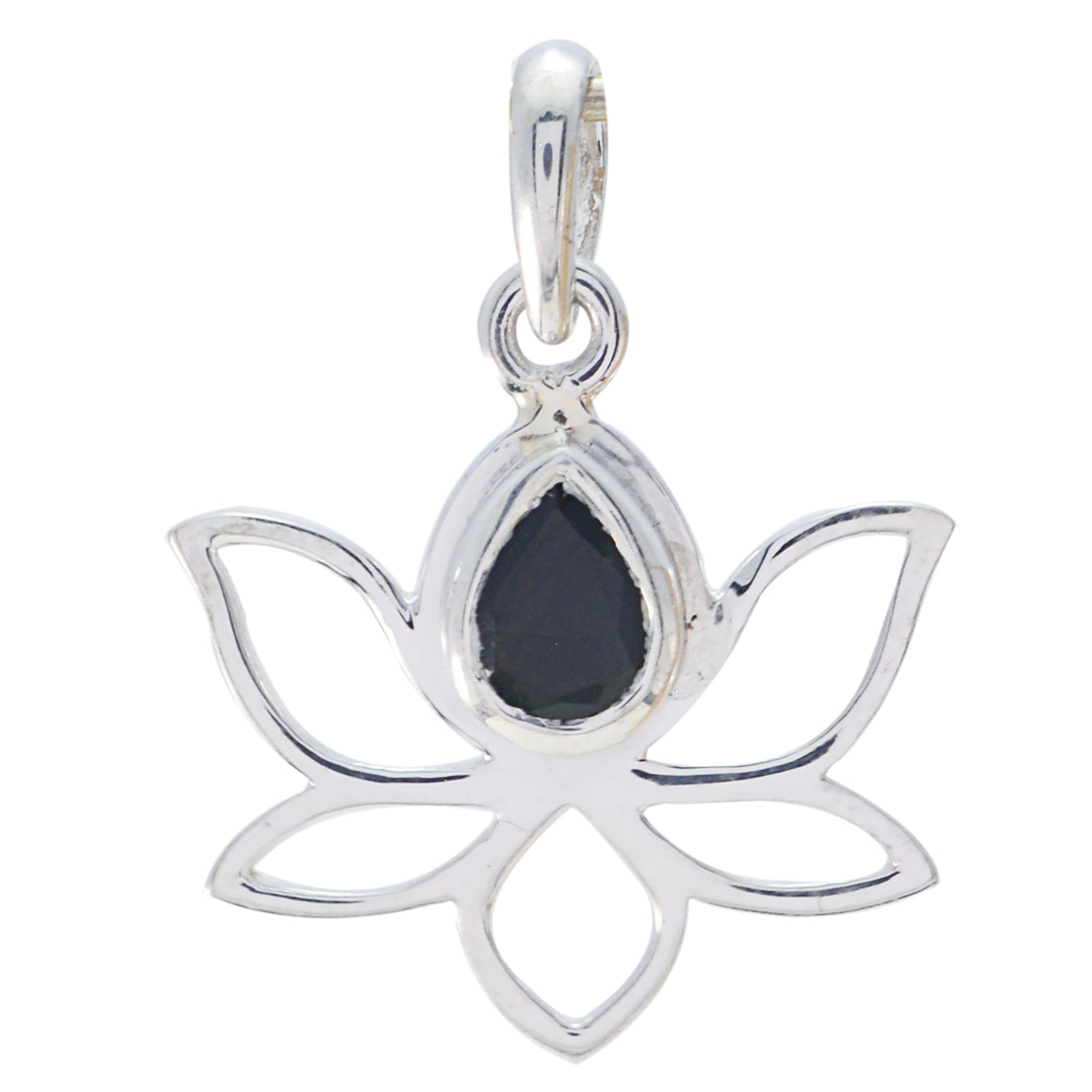 Hana Modern Black Gemstone Pendant in Silver Lotus Design Black Onyx Black Black