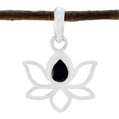 Hana Modern Black Gemstone Pendant in Silver Lotus Design