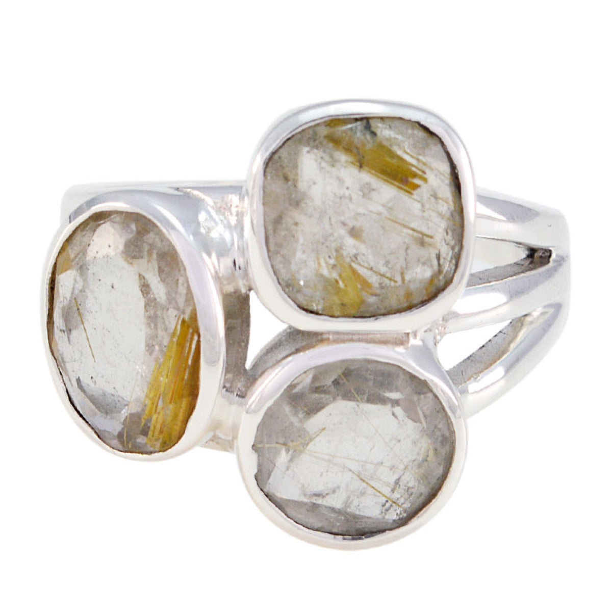 Florencia modern golden trilogy ring with three large translucent stones set in silver band