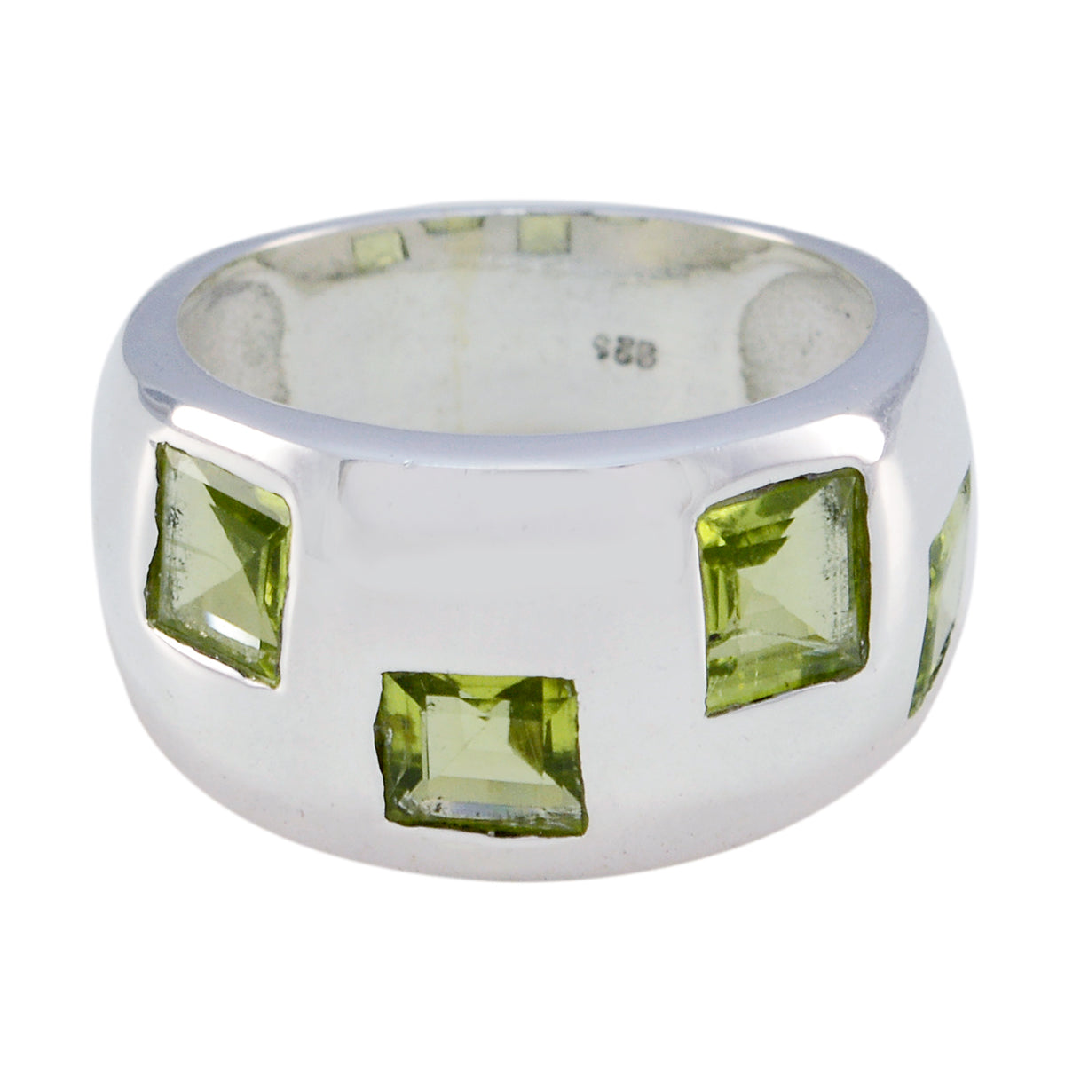 Priya modern green gemstone ring with square green gemstones set in wide silver band